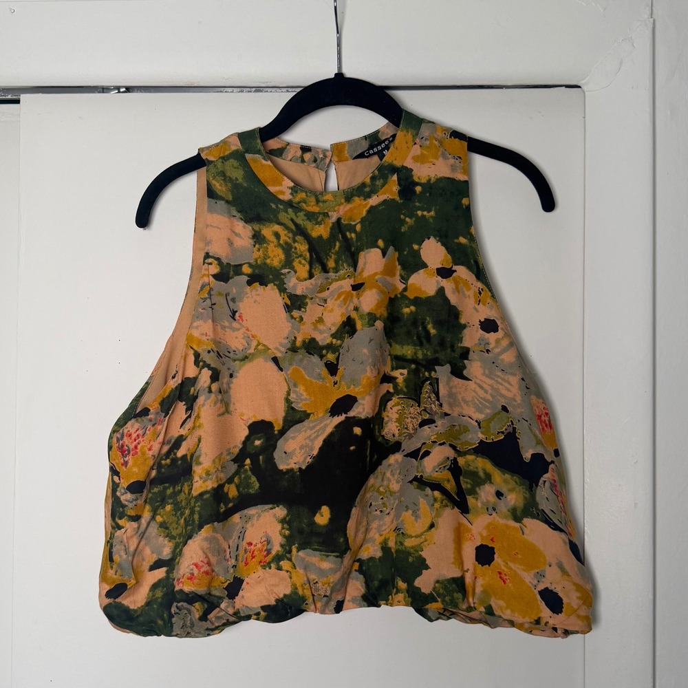 Cassee Floral Abstract Bubble Hem Sleeveless Top Green Peach Rayon Medium SS